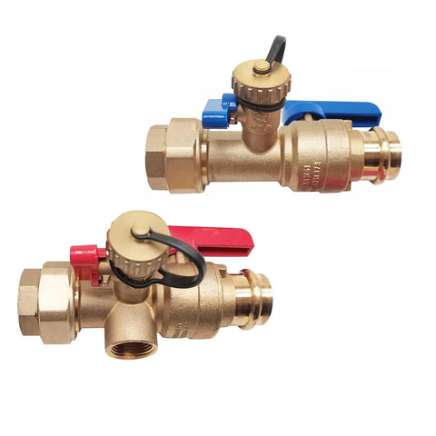 Two brass 3/4-inch tankless water heater isolation service valves with red/blue handles and pressure relief valve.