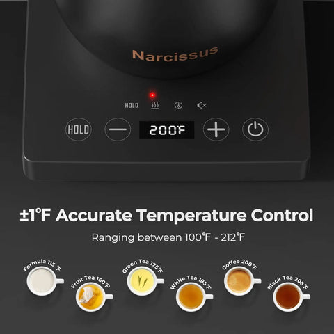 Gooseneck Electric Kettle With Precision Temperature Control Within One Degree Fahrenheit 1200W Rapid Boil In Five Minutes Keeps Warm Six Hours 304 Stainless Interior BPA Free Black showing temperature settings.