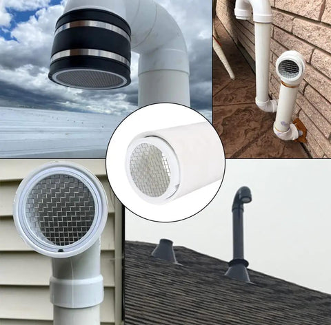 R1508 Termination Cap Vent Cover Mesh Screen for Round Furnace PVC Pipe installed on various homes.
