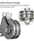 Double Groove Fixed Pulley Block With Bearing Inside Heavy Duty Stainless Steel for cable lifting, close-up on grooves and bearings.