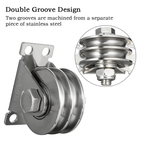 Double Groove Fixed Pulley Block With Bearing Inside Heavy Duty Stainless Steel for cable lifting, close-up on grooves and bearings.