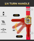 Front view of KAINGA 3/8 in brass barb shut-off ball valve with hose barb fittings on red pipe