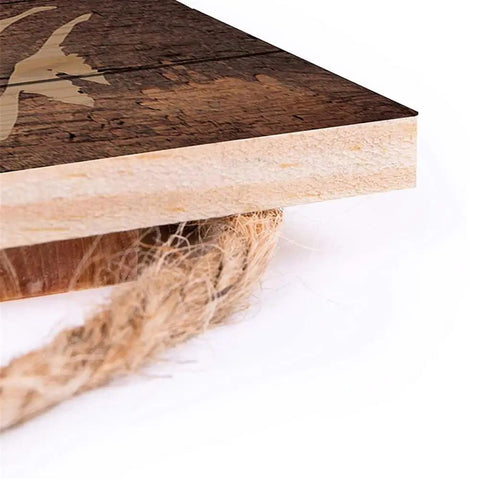 Close-up of edge and rope of Road Glide CVO Parking Only Wooden Hanging Sign For Home Kitchen Wall Decor Funny House Sign 20x30cm Rustic Wood Plaque.