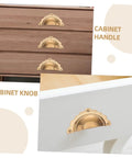 Vintage Gold Semi Circle Cabinet Door Pulls 2 Pack shown on wood drawers and white cabinet for kitchen cabinets, dressers.