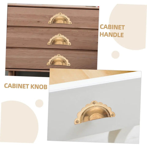 Vintage Gold Semi Circle Cabinet Door Pulls 2 Pack shown on wood drawers and white cabinet for kitchen cabinets, dressers.
