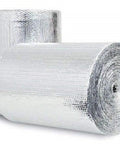 Double Sided Reflective Aluminum Foil Insulation Roll One Quarter Inch Thick R8 Double Poly Air For Walls Attics Ducts Windows HVAC Garages 24 By 100 Inches Heavy Duty Energy Saving Heat Shield displayed on white surface