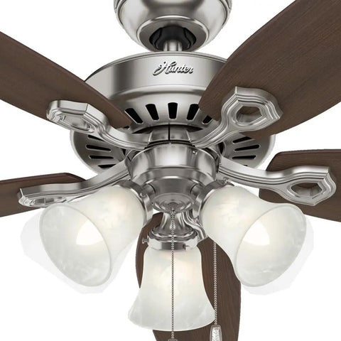 Close-up of 52 Inch Indoor Ceiling Fan With LED Lights And Pull Chain, brushed nickel finish with five blades, Builder Plus 53237