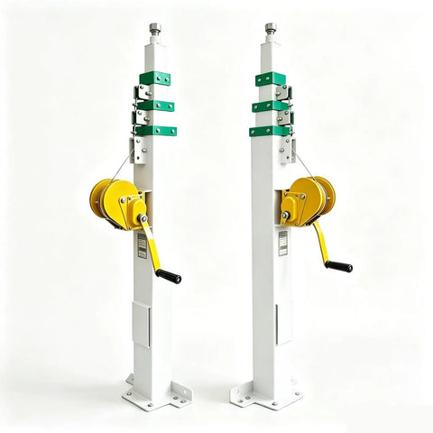 Top Shelf Heavy Duty Hand Winch Mast With Telescopic Build And Zero Hassle Manual Crank Raiser For Solar Led Camera Rig Up To Nine Meters Hella Smooth, showing dual mast with yellow crank and cable.
