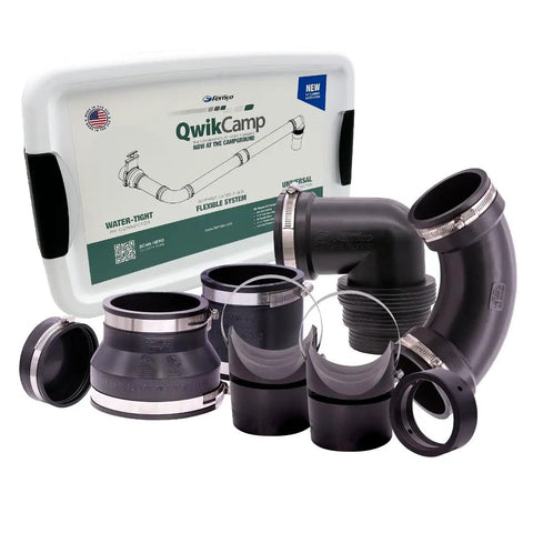 QwikCamp RV Sewer And Camper Waste Plumbing Connection System Kit with slip fit coupling adapter and pipe stands