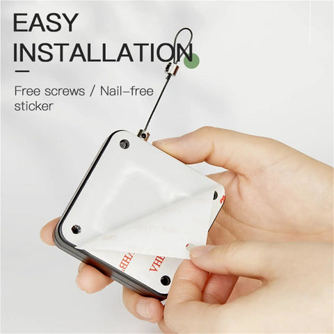 Person holding punch free automatic door closer for sliding glass doors adjustable tension from 500g to 1000g easy no drill installation