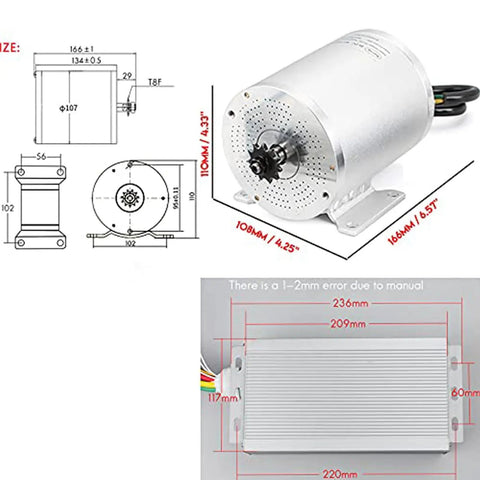 Beefy 2000W 60V High Speed Brushless DC Mid Motor Kit dimensions and aluminum casing details displayed
