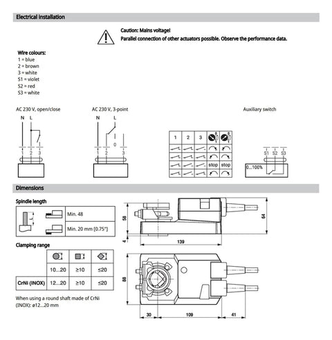 Electrical installation guide with diagrams and dimensions for Built Like A Tank 20Nm Damper Actuator Torque Motor.