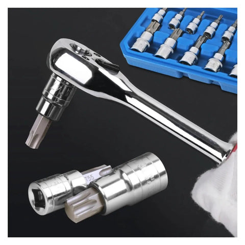 Ultimate 13-Piece Torx Star Bit Socket Set With 1/4 3/8 And 1/2 Inch Drive Sizes Featuring Heavy Duty CR-V And S2 Steel For Cracking Rusty Nuts Easily In Tight Spots On Home Projects And Car Repairs Perfect For Tough Jobs, chrome ratchet and bit sockets