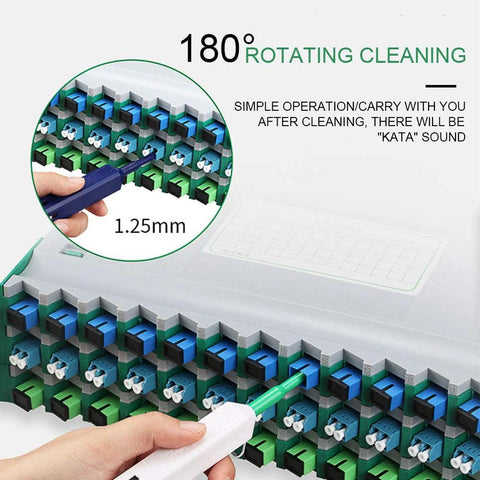 Two blue-and-white one-click fiber optic cleaner pens for LC/SC/ST connectors, 1.25mm tip