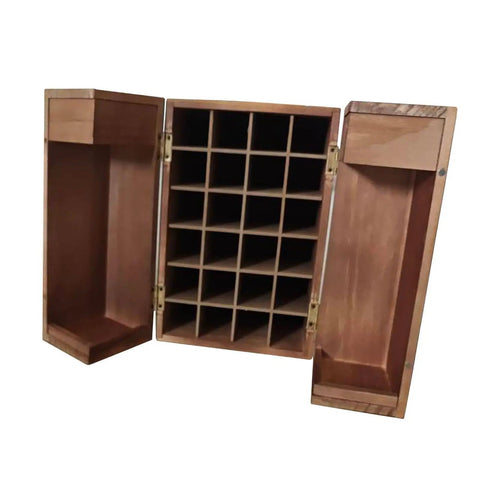 Badass Wooden Storage Box Featuring Twenty Four Compartments For Essential Oils And Perfume Collections, open view showcasing compartments.