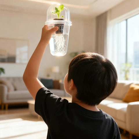 Child observing Clear Hydroponic Cups With Humidity Domes 12 Pack 5 In 1 Growing System Kit for Indoor Plants in living room.