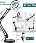 Diagram showing magnifying glass with light and stand for close work, 8x magnification, adjustable angles, desk and clamp setup