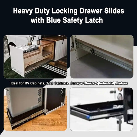 1 Pair 76mm Wide Heavy Duty Drawer Slides For Truck Bed With Full Extension, Quiet Operation, Anti Rust Design, Smooth Ball Bearing Rails For Easy Access To Tools And Gear, locking slide with blue safety latch for RV cabinets