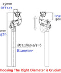 Technical diagram of suspension seatpost with 4 link parallelogram system for road gravel MTB and e bikes 25mm offset, 50mm travel