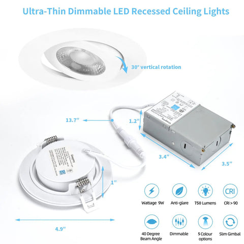 4 Inch LED Recessed Lights Ultra Thin Adjustable Eyeball Gimbal With Junction Box Dimmable 9W 750lm ETL IC Rated image