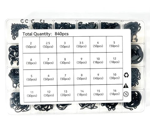 840 Piece C And E Clips Kit With 24 Sizes M2 Through M16 External Retaining Rings In Black Carbon Steel in storage case
