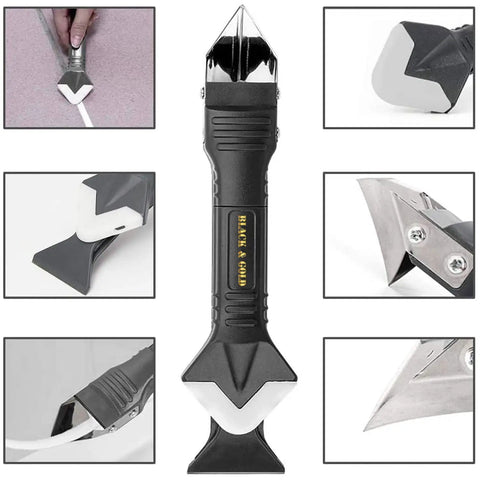 All In One Silicone Caulking Tool Kit with Stainless Steel Head Grout Remover and Sealant Applicator details displayed