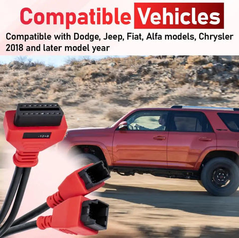 Heavy Duty 12 Plus 8 Pin To OBD2 Diagnostic Adapter Featuring Security Gateway Bypass Cable For American Cars And Trucks, showing connectors and a compatible vehicle.
