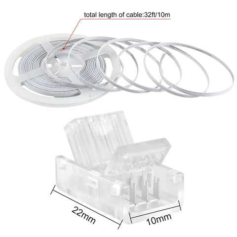 Plug And Play 10 Pack 4 Pin 10mm LED Strip Connectors With 32.8ft RGB Extension Cable shown with connectors and dimensions