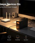 Rock Solid 1500VA 800W UPS Battery Backup And Surge Protector with LCD display on desk, powering router and desktop.