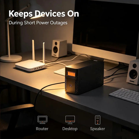 Rock Solid 1500VA 800W UPS Battery Backup And Surge Protector with LCD display on desk, powering router and desktop.