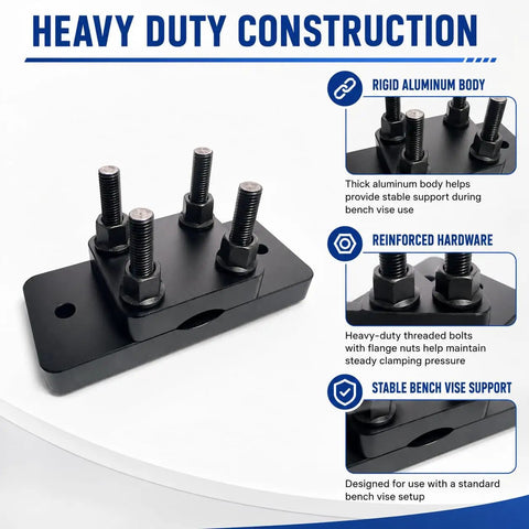 Heavy Duty Aluminum Barrel Vise With Slick Grip Leather Pads, Rock Solid Non Marring Bench Clamp For 0.67 To 1.375 Inch Barrels showing reinforced hardware and construction.