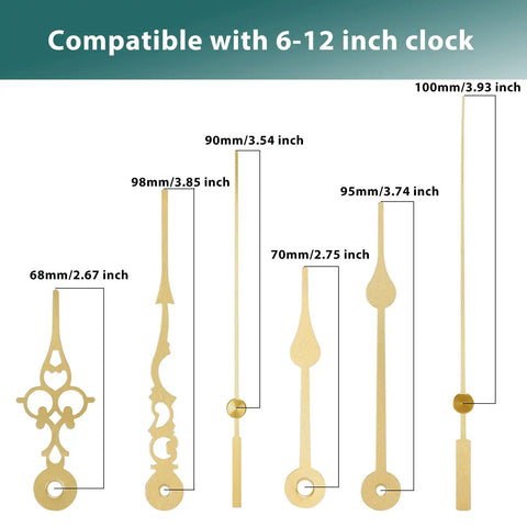 No Fuss Long Shaft Silent Clock Movement With Gold Hands For Diy Wall Clock Builds showing gold clock hands compatible with 6-12 inch clock.