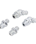 Four galvanized brass SAE zerk nipples from 130 Piece Hydraulic Grease Fitting Kit With 12 SAE Zerk Nipples Galvanized Brass Labeled Storage Case.