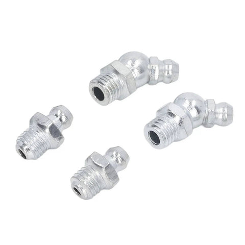 Four galvanized brass SAE zerk nipples from 130 Piece Hydraulic Grease Fitting Kit With 12 SAE Zerk Nipples Galvanized Brass Labeled Storage Case.