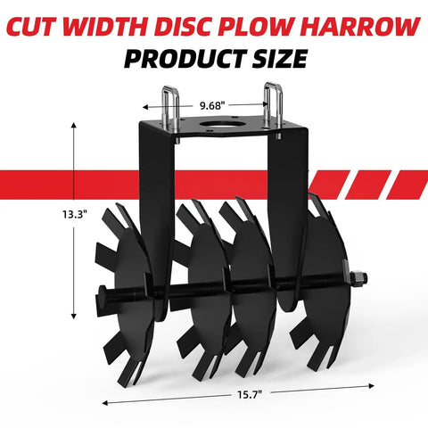 Two Piece ATV Disc Plow Harrow Set For Tractor Attachments, showing dimensions and steel construction