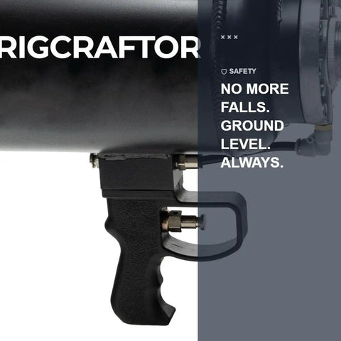 Heavy Duty Pneumatic Strap Launcher For Flatbed Trucks, air powered winch tool grip and quick connect fitting close-up view.