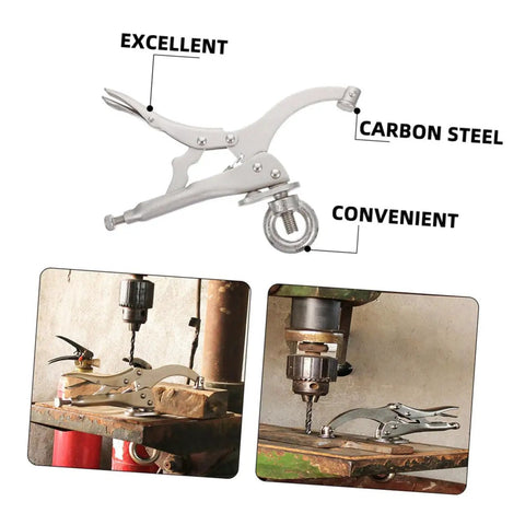 Rock Solid Adjustable Drill Press Locking Clamp Vise Built Tough As Nails For Woodworking And Metal Projects With Quick Adjustments and Iron Grip for weekend warriors and pros on workbench.