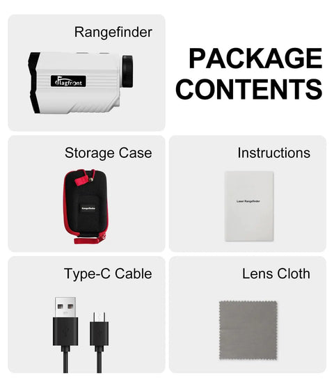 Image showing package contents of High Performance Golf Rangefinder With Slope Magnetic Mount 1100 Yard Range 6X Magnification.
