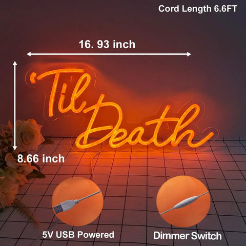 Til Death Neon Light Sign USB Powered LED Decor For Halloween Weddings Parties And Bridal Showers 17 Inch Orange Bedroom