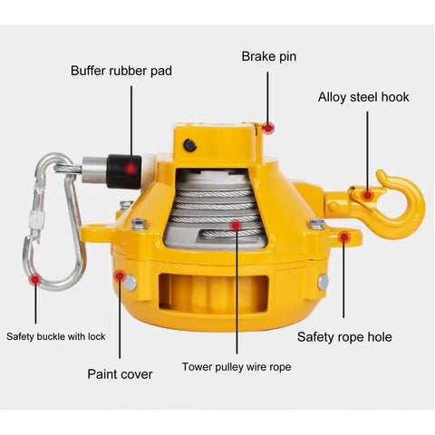 Shop Ready Heavy Duty Spring Balancer Reel With Wire Rope Tool Hanger And Self Locking Aluminum Pulley close-up showing hooks and components.