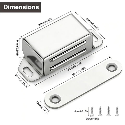 Heavy Duty Cabinet Magnetic Catch Door Magnets Latch 30lb Hold For Kitchen Cupboard Pantry Closet Wardroom Strong Stainless Steel Hardware showing dimensions and screws.