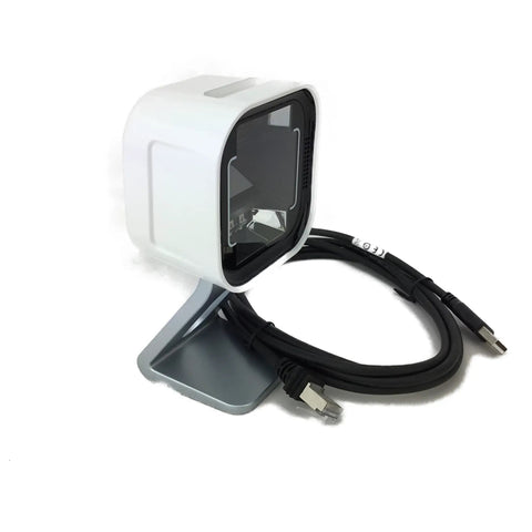 Omnidirectional Presentation Barcode Scanner Kit 1D 2D Wired DPM IP52 White With USB Cable And Presentation Cradle on stand
