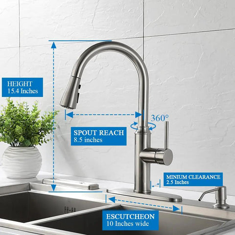 Top Shelf High Arc Pull Down Kitchen Faucet Delivering Three Quick Adjust Spray Patterns In Rust Resistant Brushed Nickel dimensions with measurements.