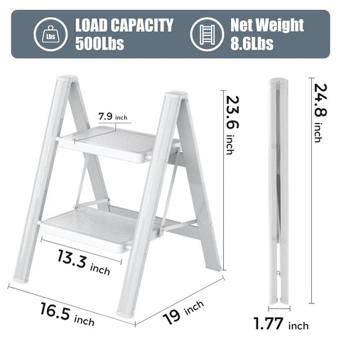 2 Step Folding Step Stool With Wide Anti Slip Pedals Heavy Duty Steel Ladder For Kitchen And Home Rust Resistant