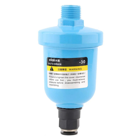 Automatic Air Compressor Drain Valve G1/2 Inlet 1.0 MPa Die Cast Aluminum Auto Drainer, blue corrosion-resistant, side view.
