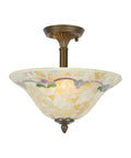 Three Light Art Glass Flush Mount From Johanna Collection in Brass Antique Finish, mosaic glass shade with retro vibe.