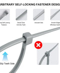 Close-up of gray self-locking nylon cable tie highlighting anti-slip teeth and locking fastener design, 100 Pack 8 Inch Self Locking Nylon Cable Ties Heavy Duty Multipurpose 0.18 Inch Wide With 50 Lb Tensile Strength For Indoor Outdoor Use In Home Office Garden Workshop Gray.