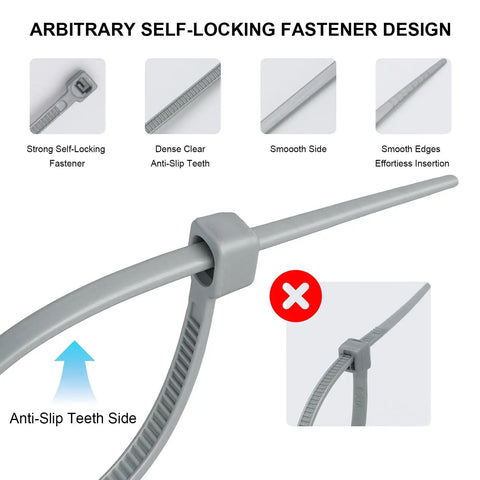 Close-up of gray self-locking nylon cable tie highlighting anti-slip teeth and locking fastener design, 100 Pack 8 Inch Self Locking Nylon Cable Ties Heavy Duty Multipurpose 0.18 Inch Wide With 50 Lb Tensile Strength For Indoor Outdoor Use In Home Office Garden Workshop Gray.