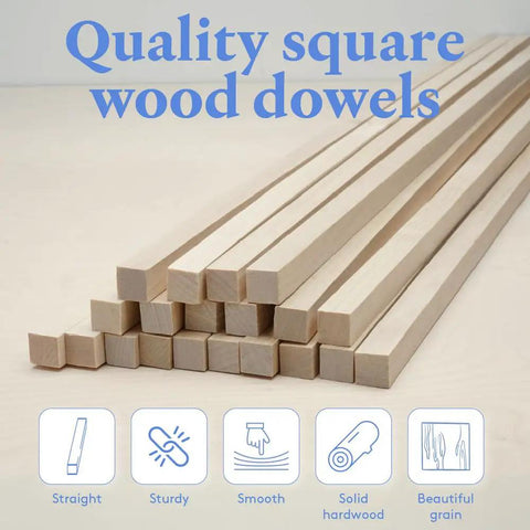 Real Deal Unfinished Square Dowel Rods 1/4 Inch By Eighteen Inch Pack Of Ten stacked on a light surface, showcasing smooth edges and solid hardwood.