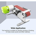 Mini Electric Belt Sander With Seven Speed Settings For Precision Sanding Polishing And Grinding Woodworking Metal Sharpening Project Includes Ten Durable Sandpaper Belts Compact Desktop And Handheld Tool from a side view.